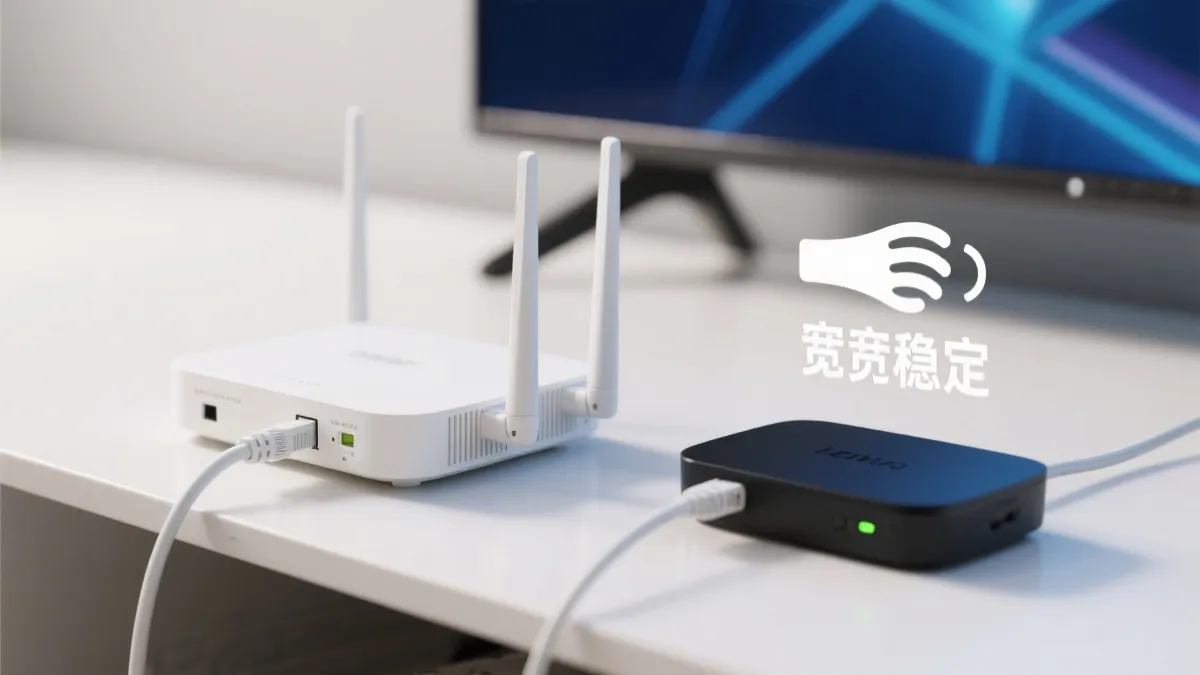 路由器与电视盒子通过网线连接，旁边展示带宽、延迟、帧率与HDR的简洁图标