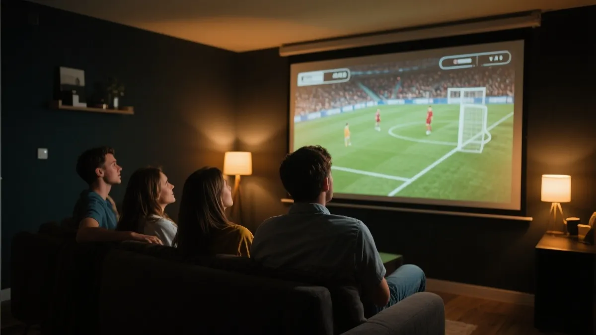 投影观赛的夜晚客厅场景：大幅投影幕布、朋友围坐、柔和氛围光与环绕音响